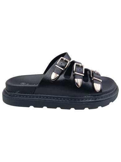 Ciabatte Donna Flat Nere con Fibbie Regolabili
