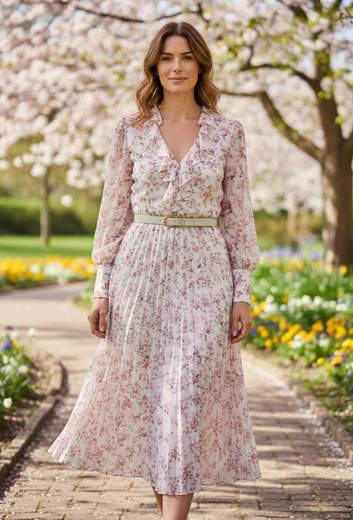 STILL Abito Midi Floreale Plissé con Cintura