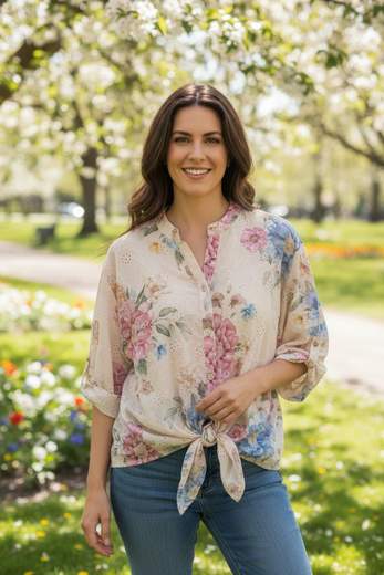 STILL Camicia Donna Fantasia Floreale con Nodo – Blusa Estiva Leggera