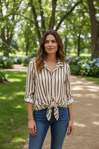 STILL Camicia Donna a Righe Marroni e Beige con Fiocco in Vita