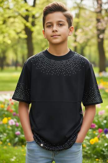 STILL T-Shirt Junior Oversize Nera con Strass - Maglia Bambino Streetwear