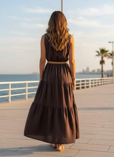 Abito Donna Midi con Vita Elasticizzata e Cintura