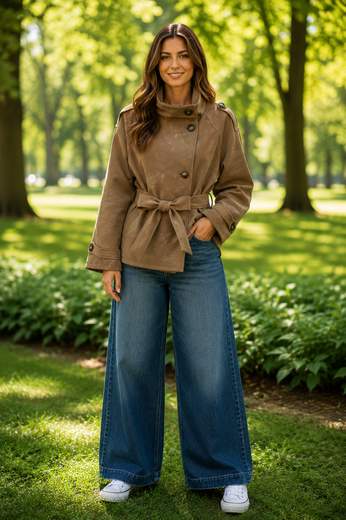 STILL Giacca Donna Trench Corta in Ecopelle Marrone con Cintura e Colletto Alto