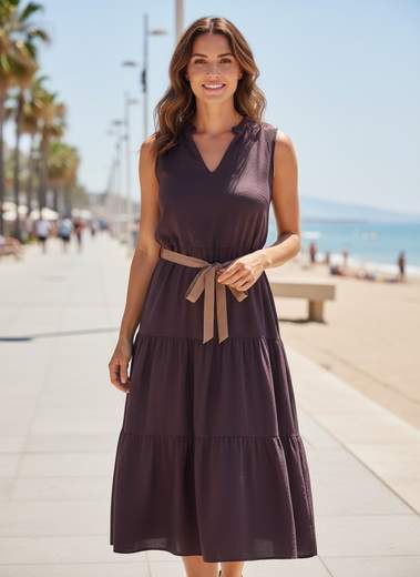 Abito Donna Midi con Vita Elasticizzata e Cintura