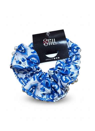 STILL Scrunchie Donna Fantasia Maiolica con Perle Decorative – Elastico Capelli Elegante
