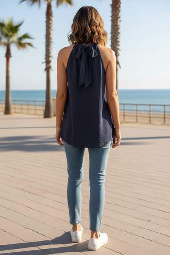 STILL Top Donna Halter con Scollo Arricciato e Fiocco sul Retro