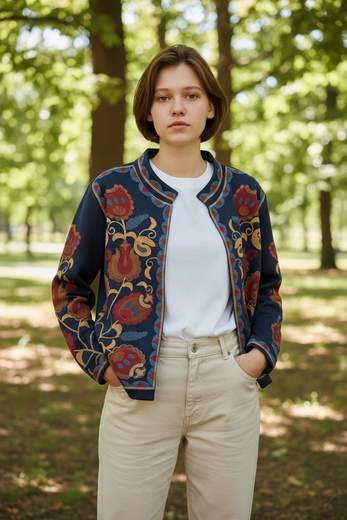 STILL Giacca Fantasia Floreale Blu con Motivo Paisley