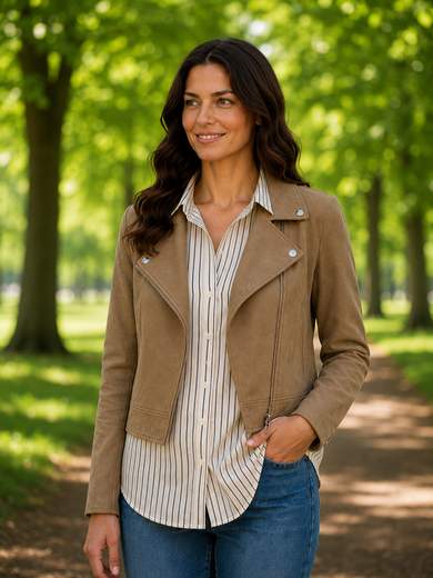 STILL Giacca Donna Effetto Pelle Marrone con Colletto a Revers e Cerniere