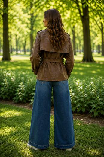 Giacca Donna Trench Corta in Ecopelle Marrone con Cintura e Colletto Alto