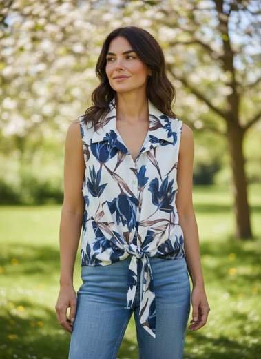 Camicia Donna Floreale Senza Maniche con Nodo