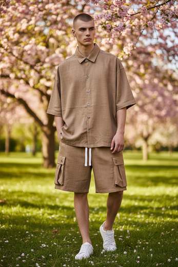 Bermuda Uomo Cargo Beige Casual con Tasche Laterali