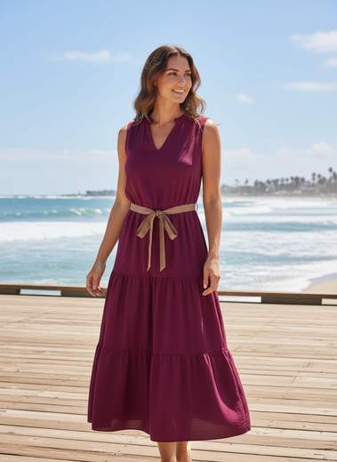 Abito Donna Midi con Vita Elasticizzata e Cintura