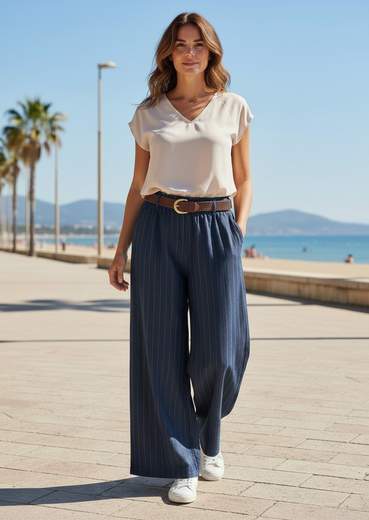 STILL Pantalone Donna Palazzo a Righe con Cintura
