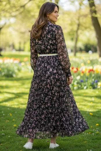 STILL Abito Midi Floreale Plissé con Cintura