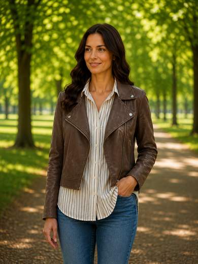 STILL Giacca Donna Effetto Pelle Marrone con Colletto a Revers e Cerniere