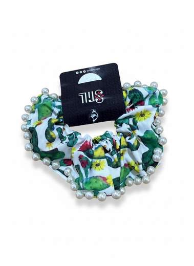 STILL Scrunchie Donna Fantasia Maiolica con Perle Decorative – Elastico Capelli Elegante